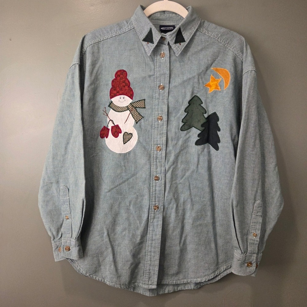 Vintage Three Rivers Women's L Christmas Button Up Shirt Patches Green Multi